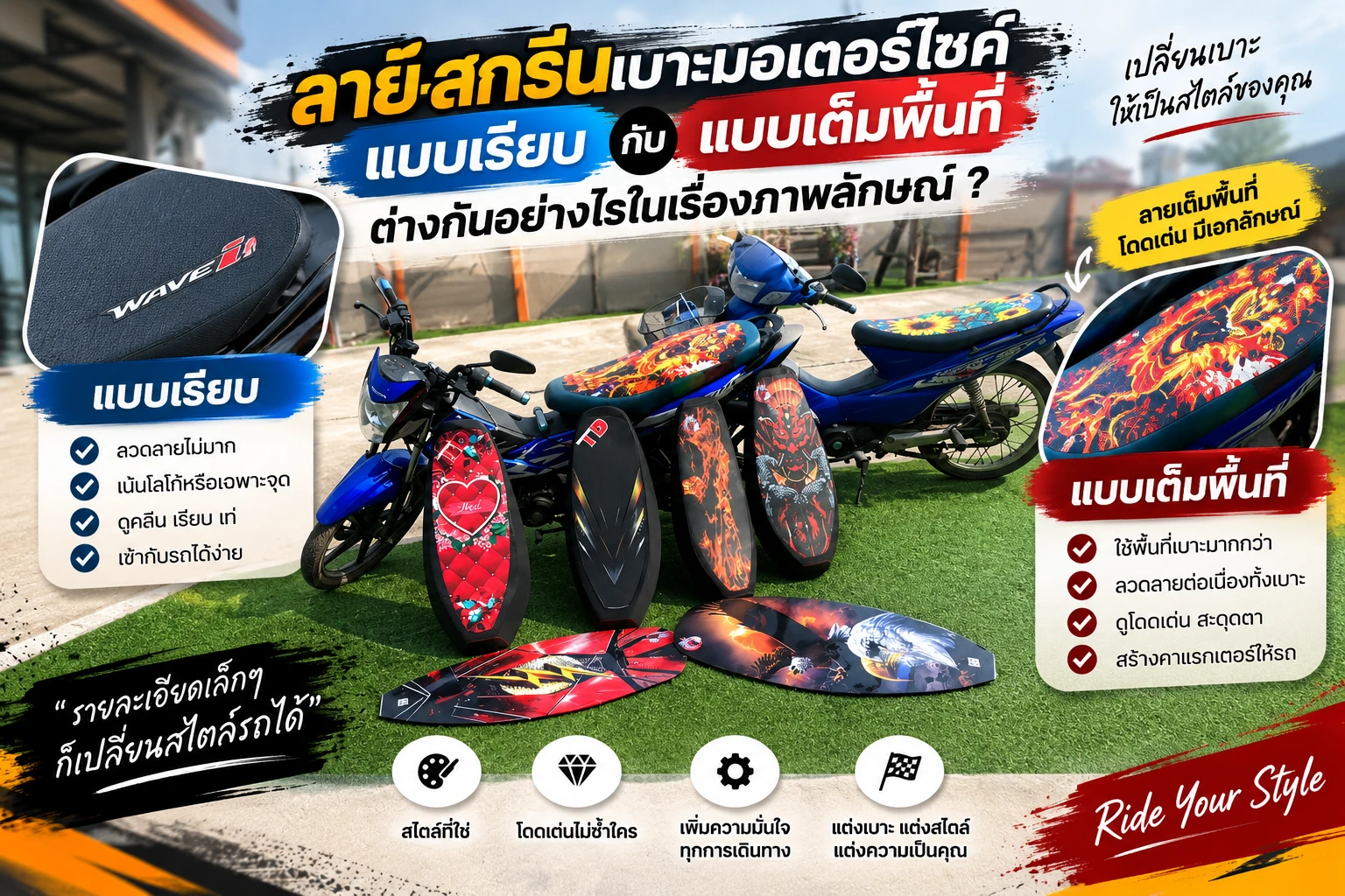 ลายสกรีนเบาะมอเตอร์ไซค์แบบเรียบกับแบบเต็มพื้นที่ ต่างกันอย่างไรในเรื่องภาพลักษณ์